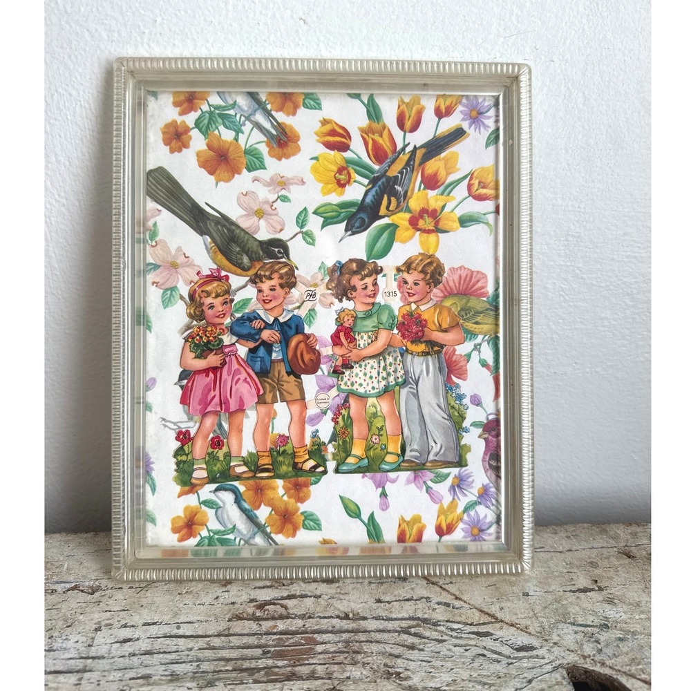 Vintage PFB 1315 German Paper Art Children Birds Floral Framed Lithograph‎